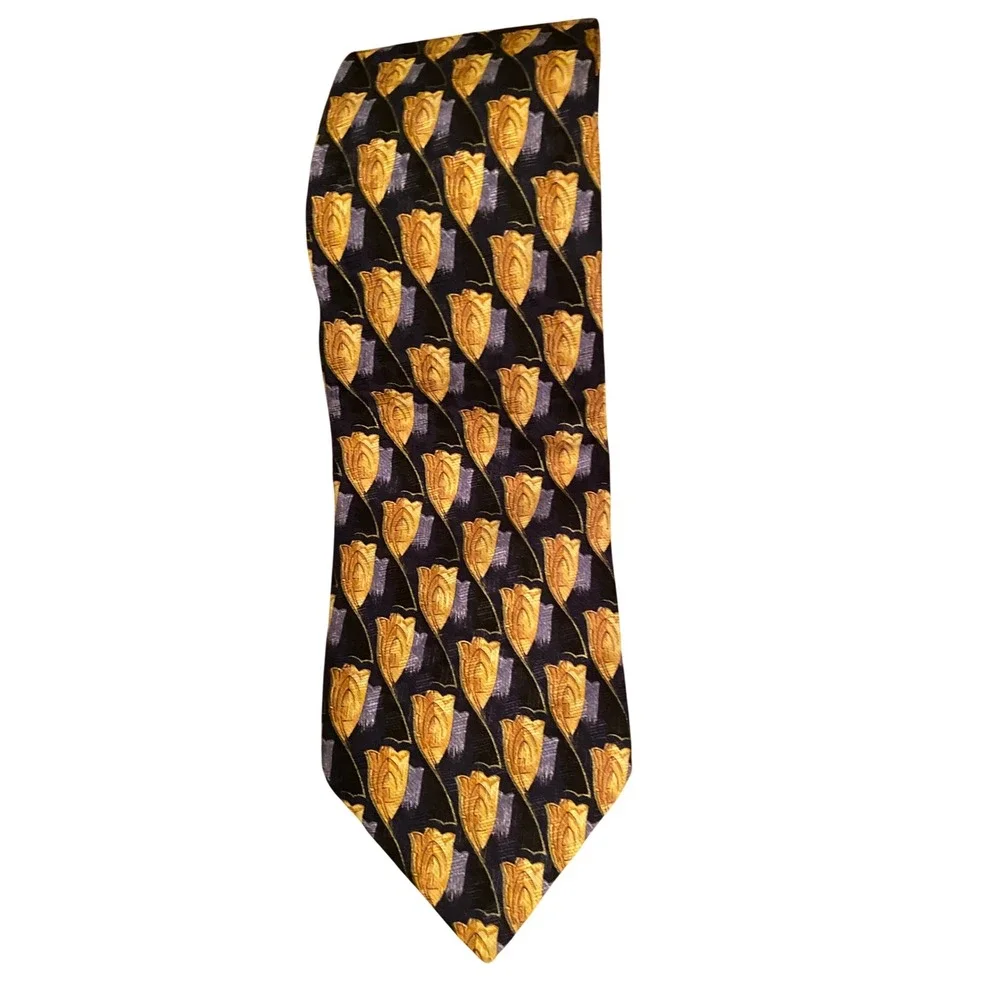 Ermenegildo‎ Zegna Mens Silk Tie Navy Blue Gold Floral Tulip Made in Italy 2405